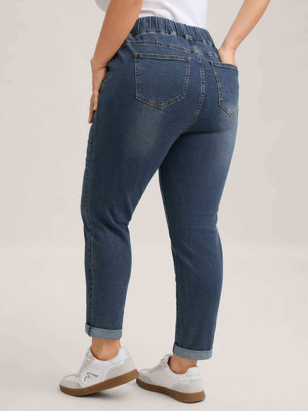 Pull-On Drawstring Folded Hem Boyfriend Jeans