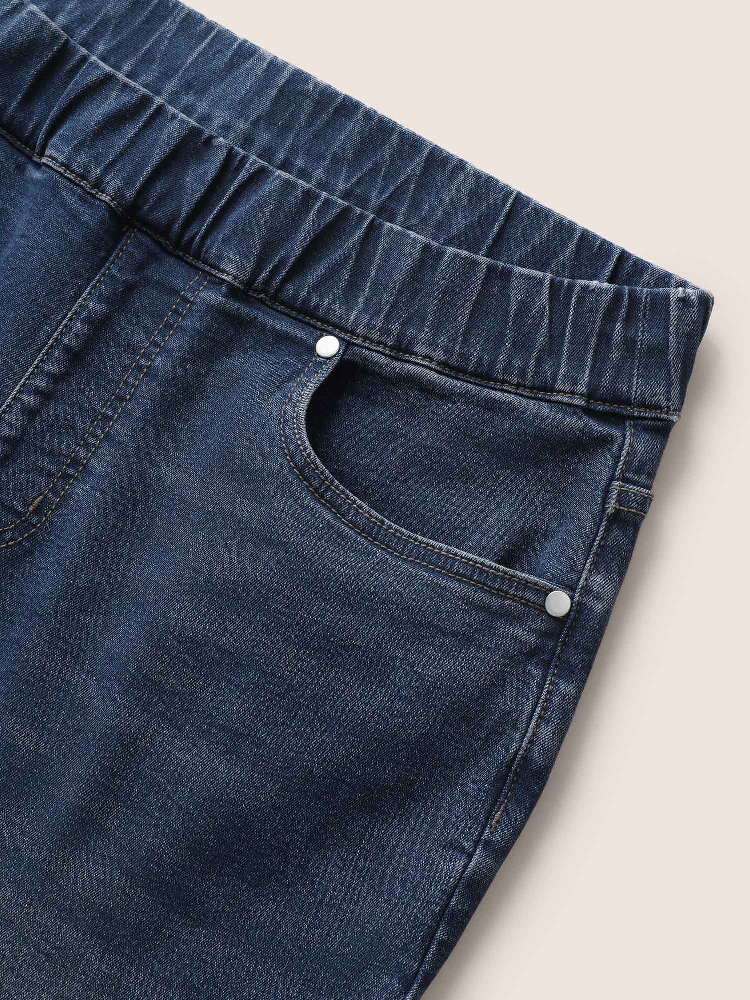 Pull-On Folded Hem Knee-Length Denim Shorts
