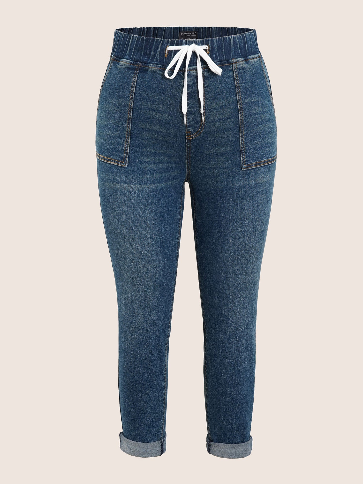 Pull-On Drawstring Folded Hem Boyfriend Jeans
