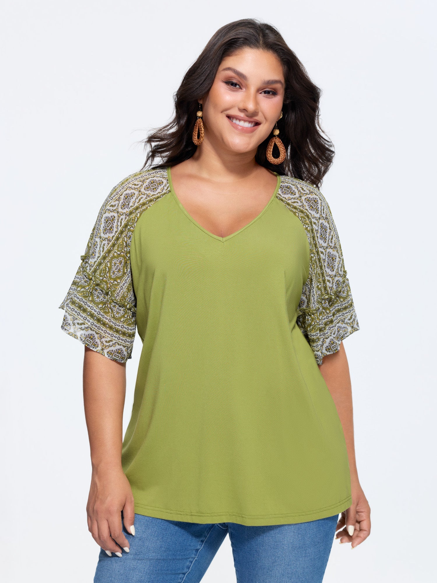 Boho Print Patchwork Raglan Sleeve T-shirt