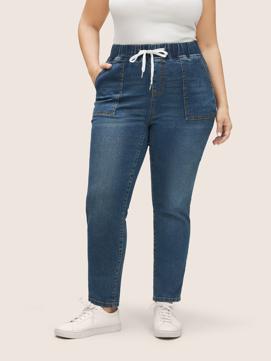 Pull-On Drawstring Folded Hem Boyfriend Jeans
