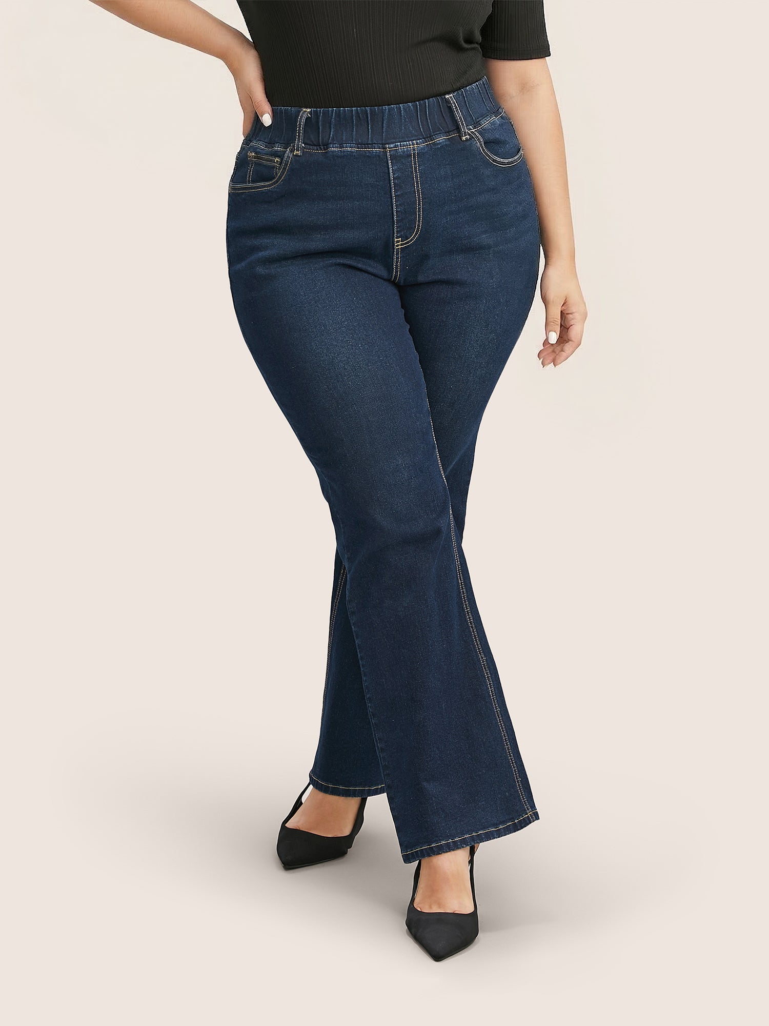 Pull-On Stretchy Waist Straight-Leg Jeans