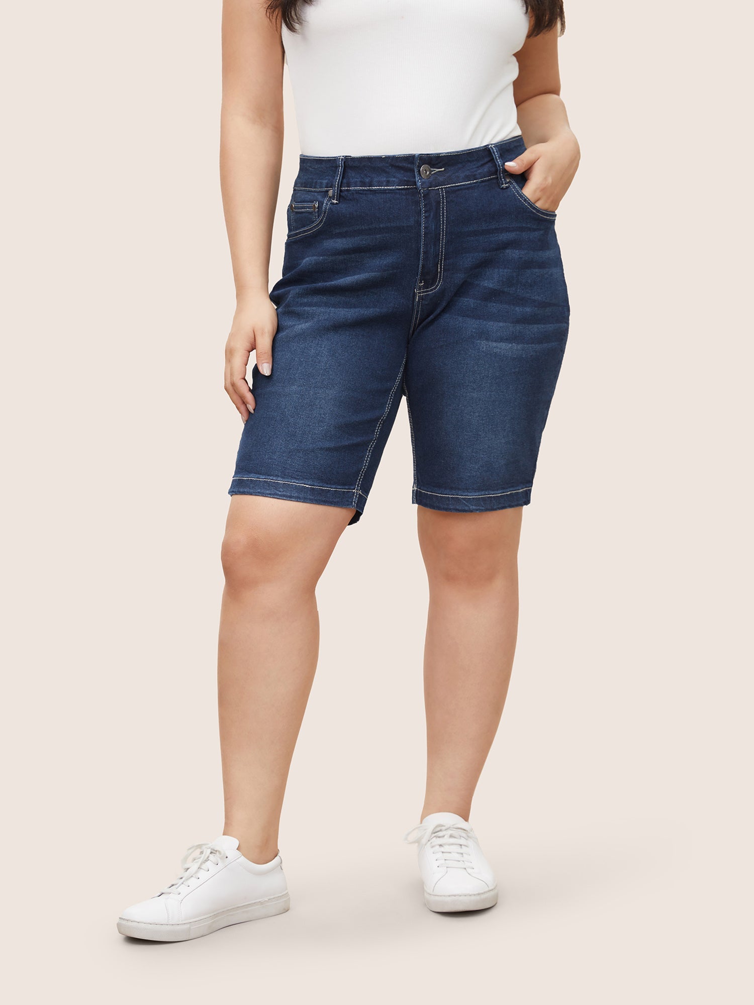 High Rise Knee-Length Skinny-Fit Denim Shorts