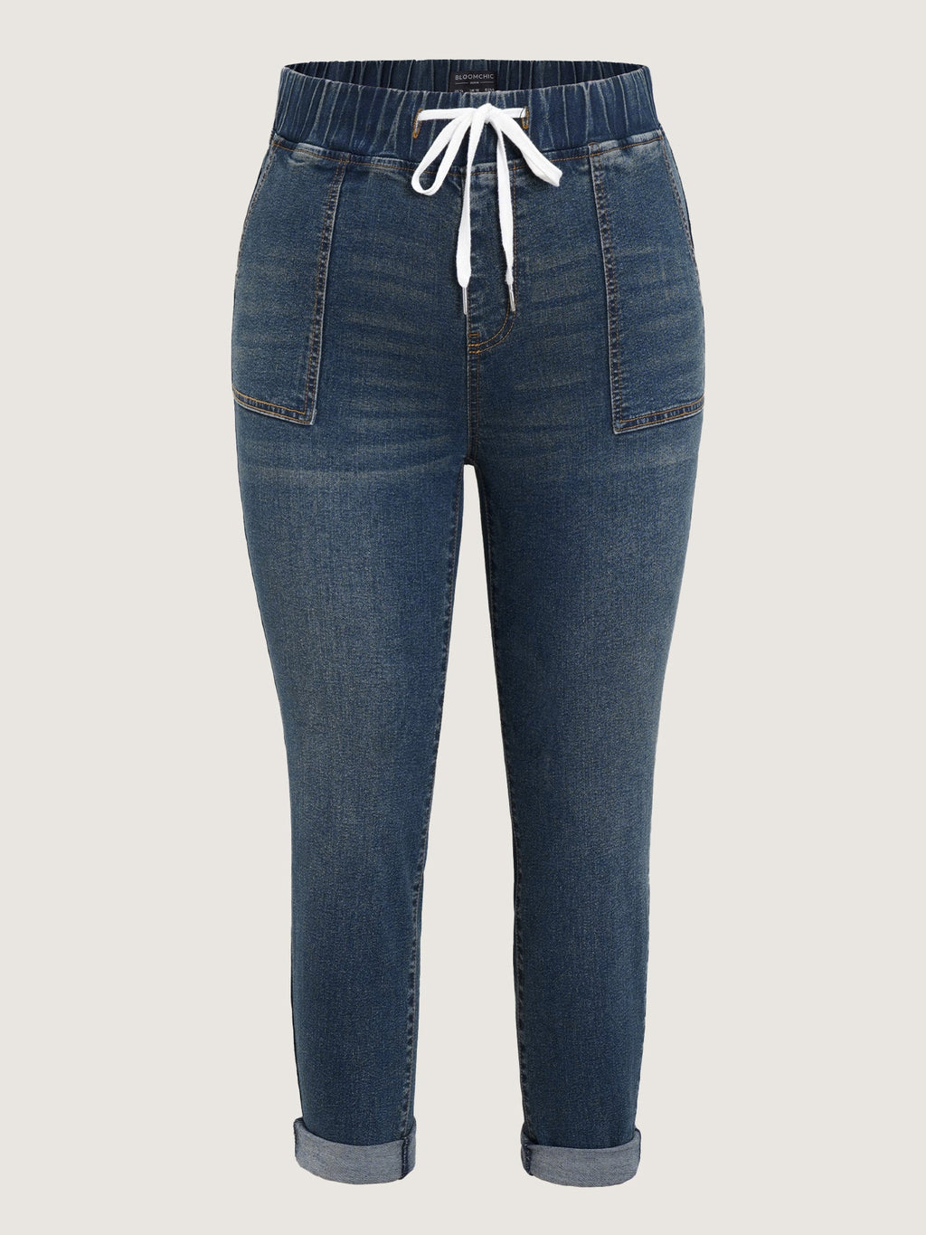 Pull-On Drawstring Folded Hem Boyfriend Jeans