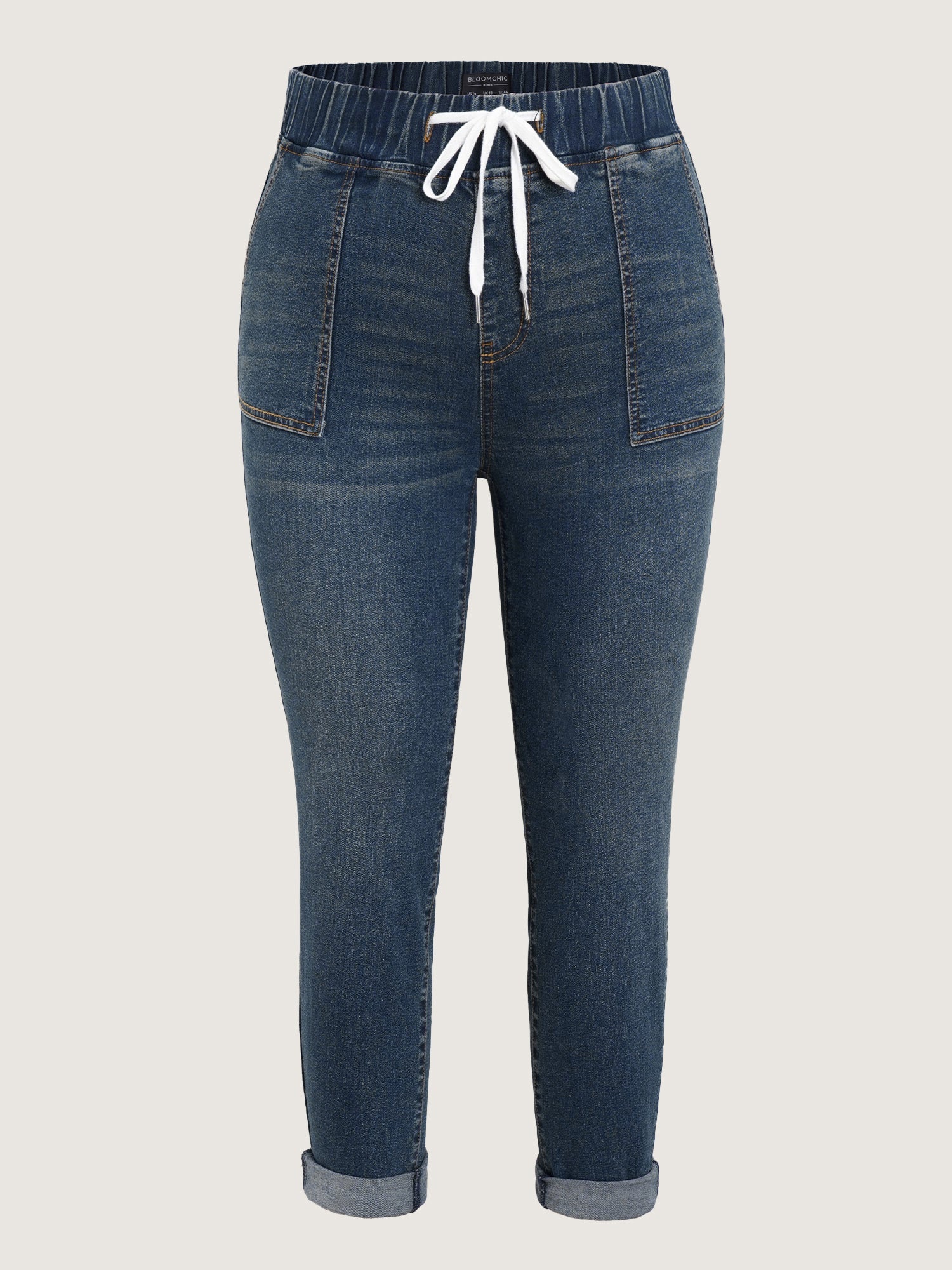 Pull-On Drawstring Folded Hem Boyfriend Jeans
