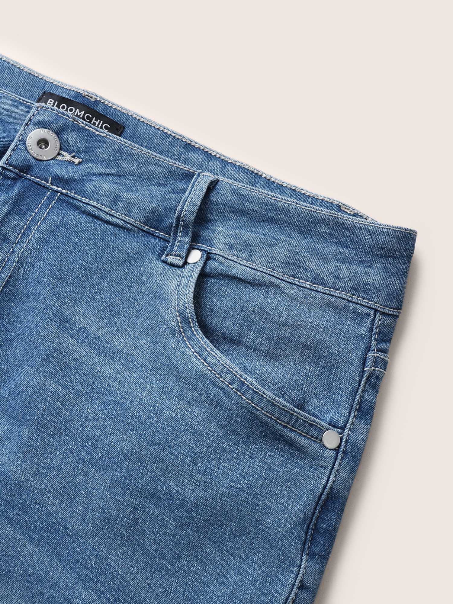 High Rise Knee-Length Skinny-Fit Denim Shorts