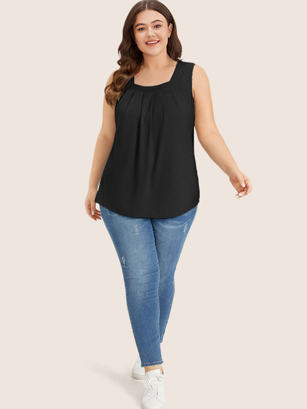Heather Plicated Detail Square Neck Tank Top