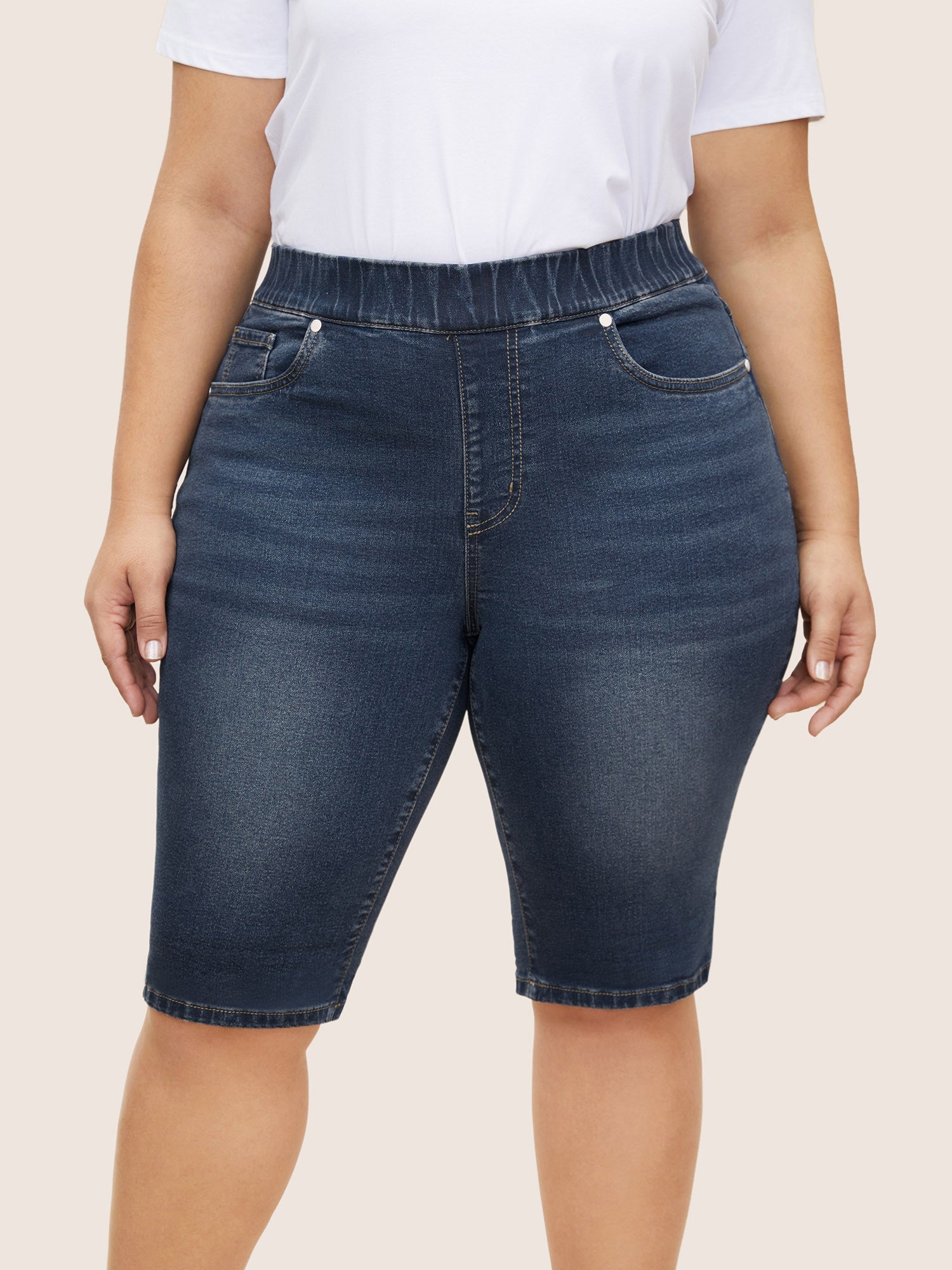 Pull-On Folded Hem Knee-Length Denim Shorts
