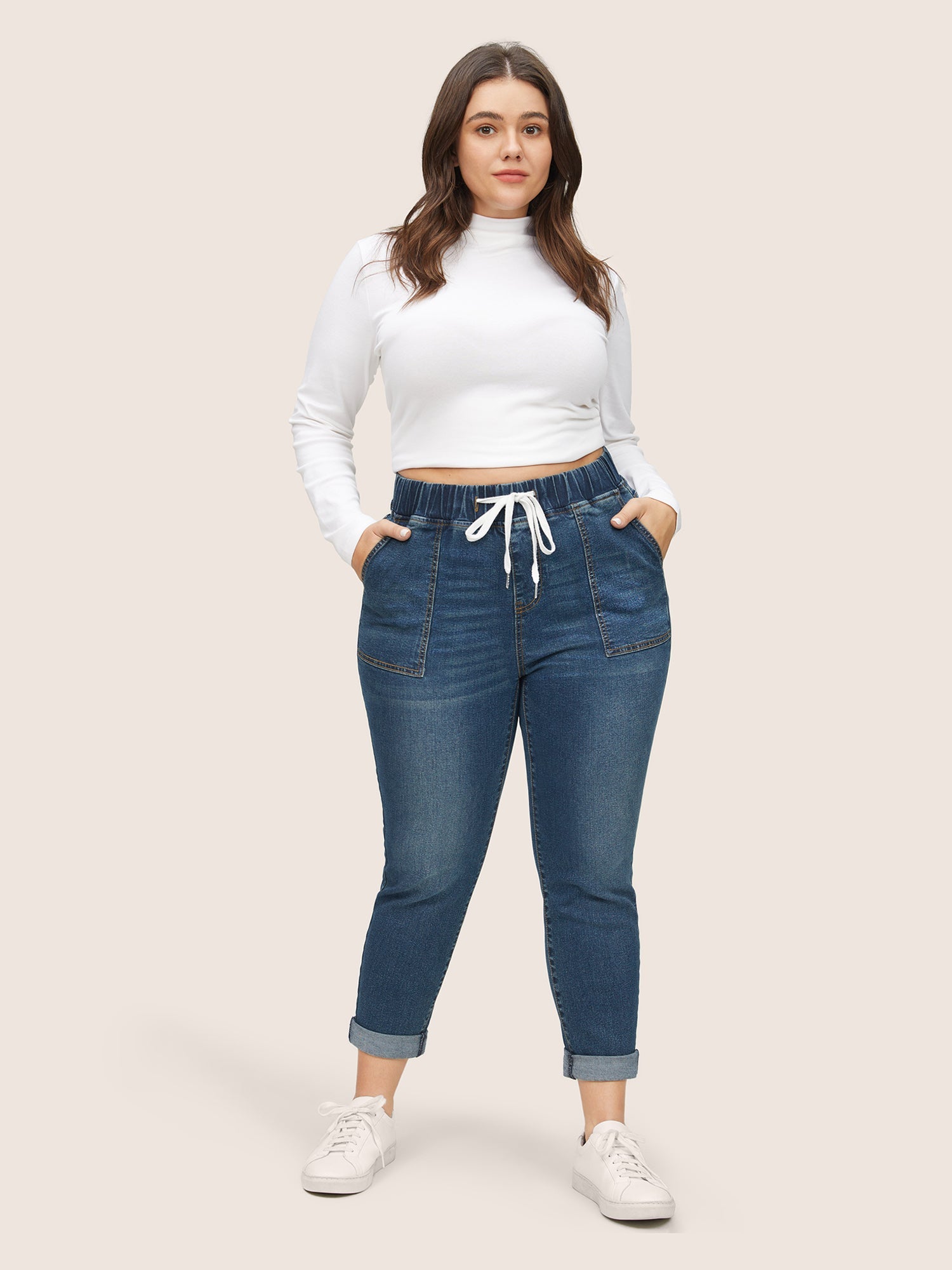 Pull-On Drawstring Folded Hem Boyfriend Jeans