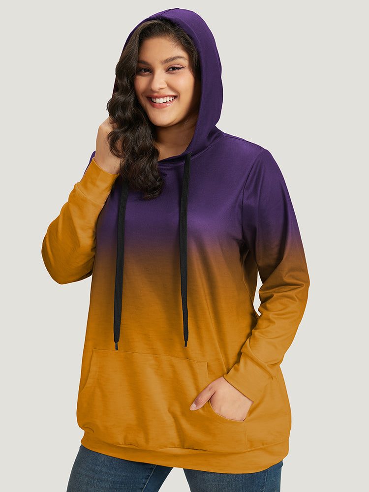Ombre Pocket Drawstring Hooded Sweatshirt