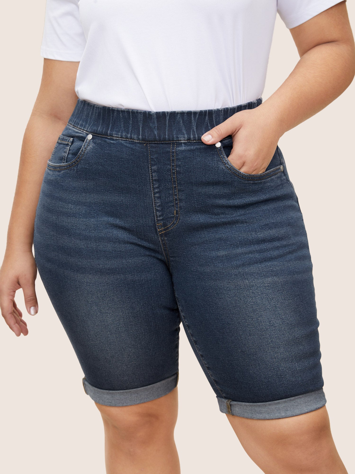 Pull-On Folded Hem Knee-Length Denim Shorts