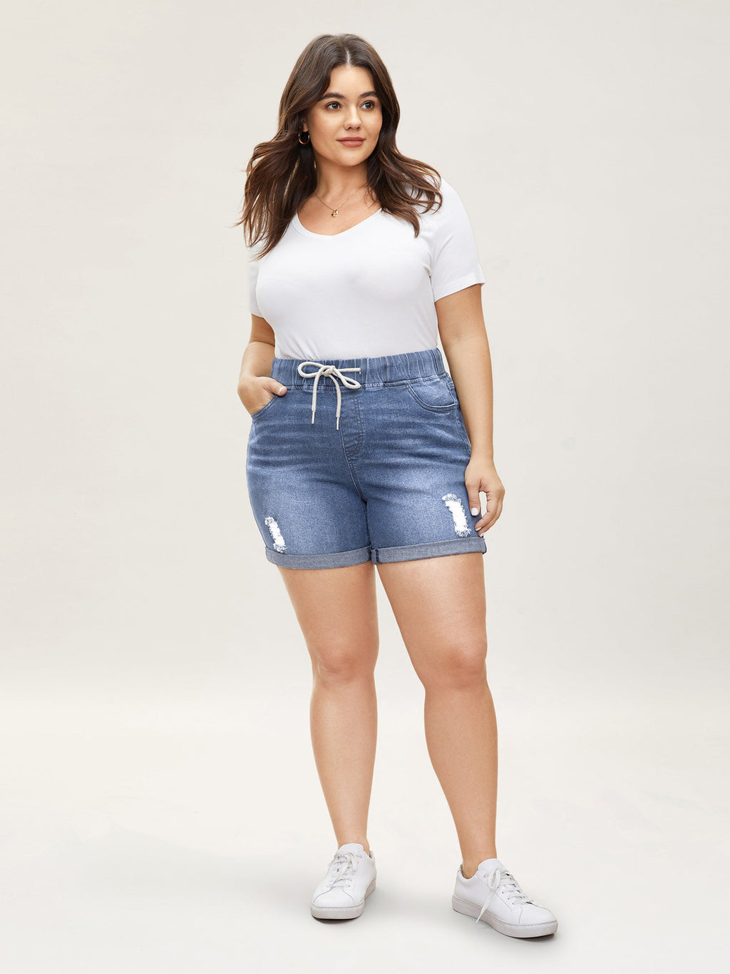Pull-On Drawstring Elastic Waist Denim Shorts