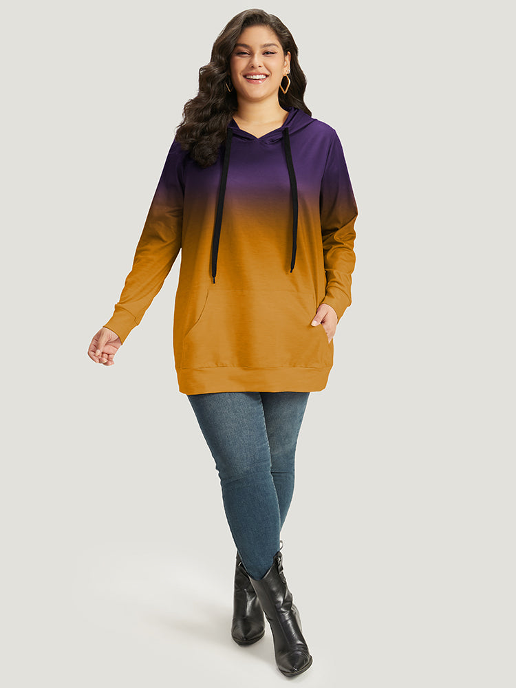 Ombre Pocket Drawstring Hooded Sweatshirt
