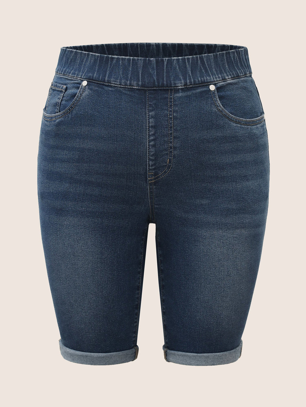 Pull-On Folded Hem Knee-Length Denim Shorts