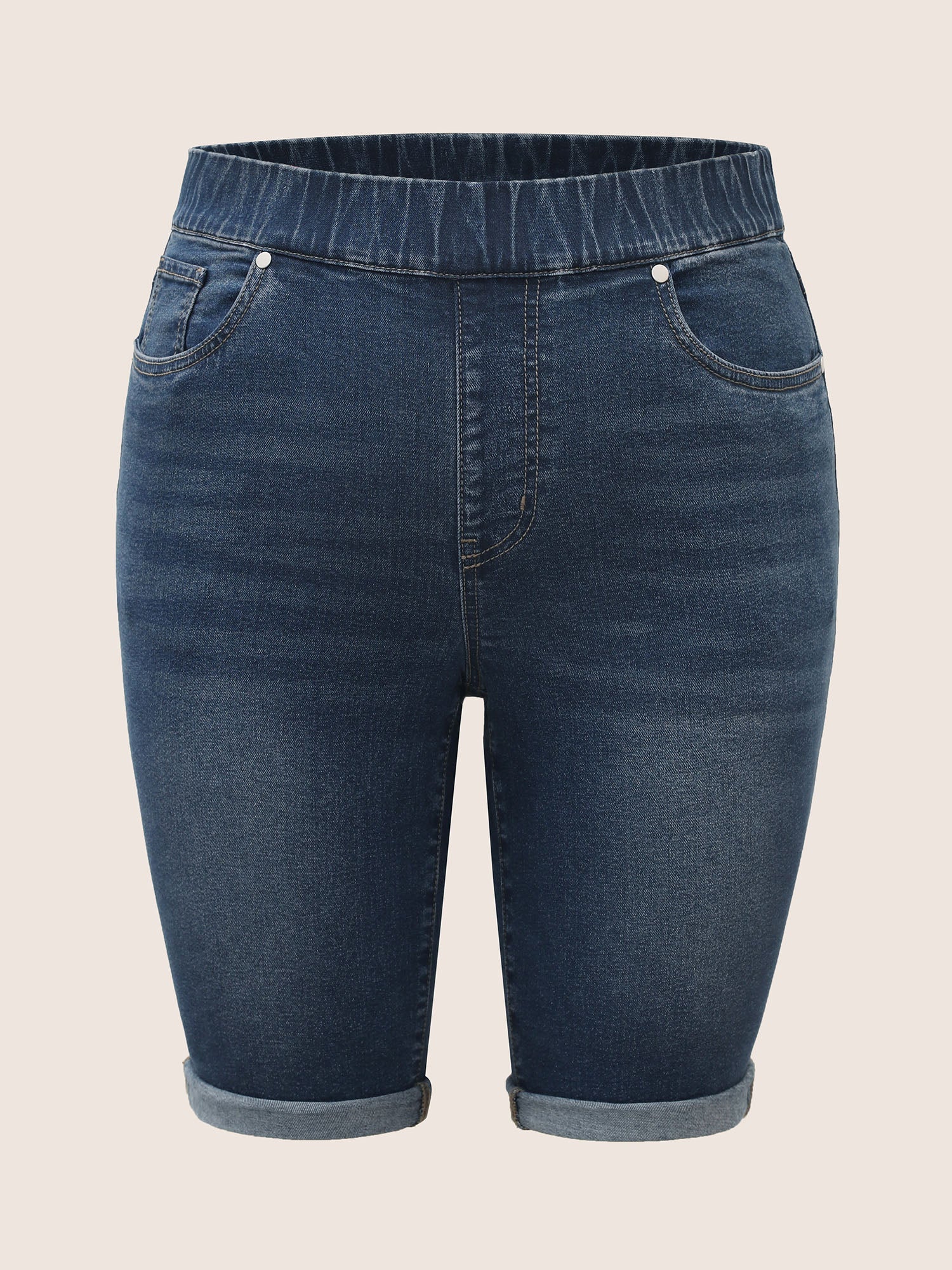 Pull-On Folded Hem Knee-Length Denim Shorts