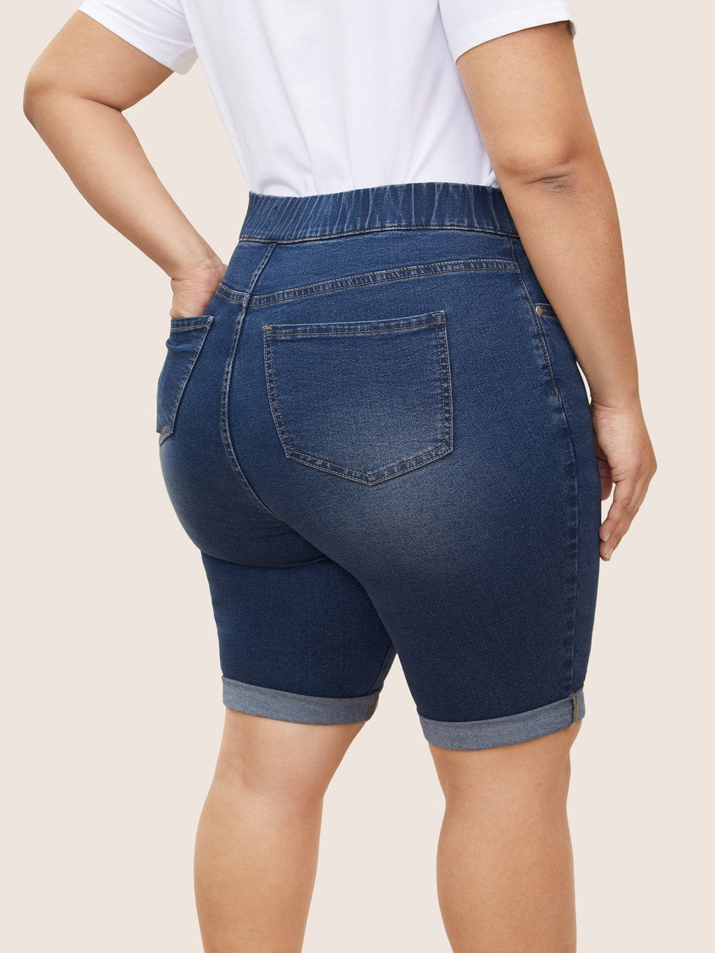 Pull-On Folded Hem Knee-Length Denim Shorts