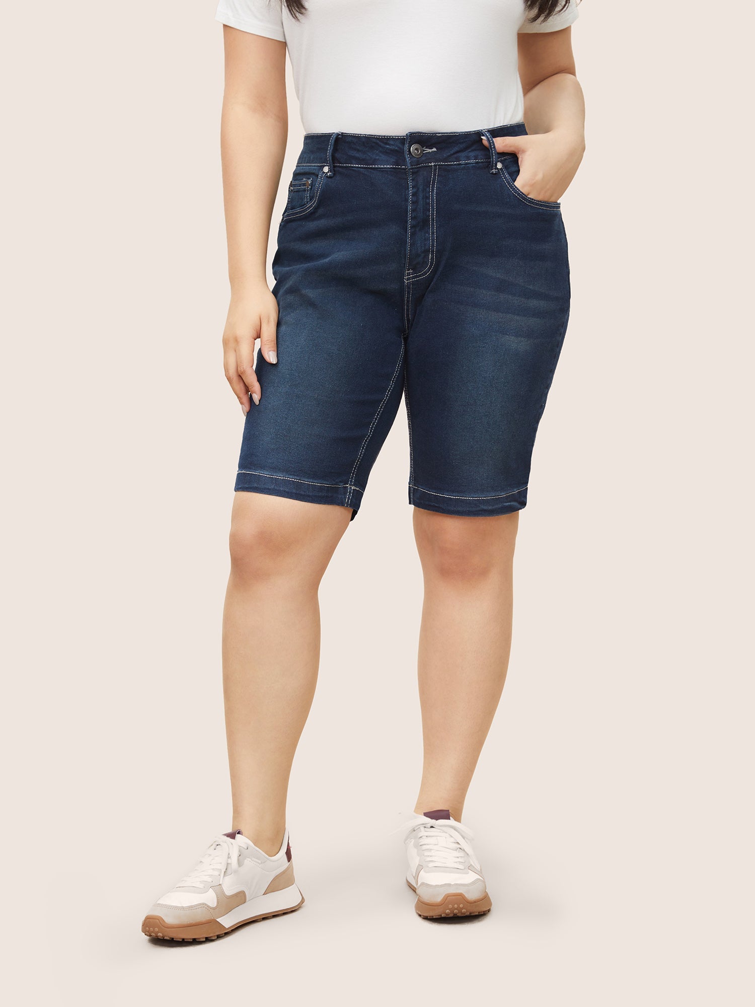 High Rise Knee-Length Skinny-Fit Denim Shorts