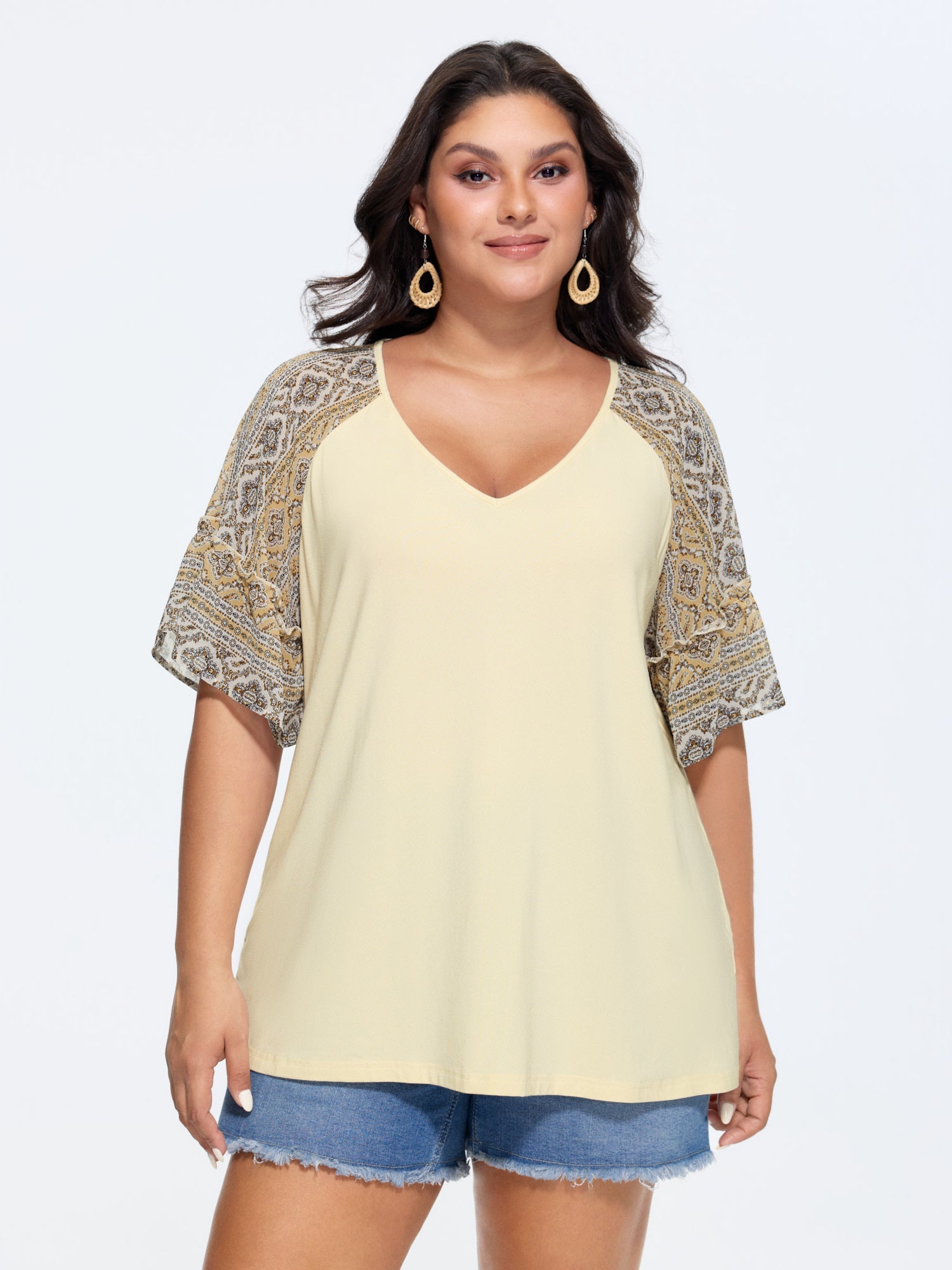 Boho Print Patchwork Raglan Sleeve T-shirt