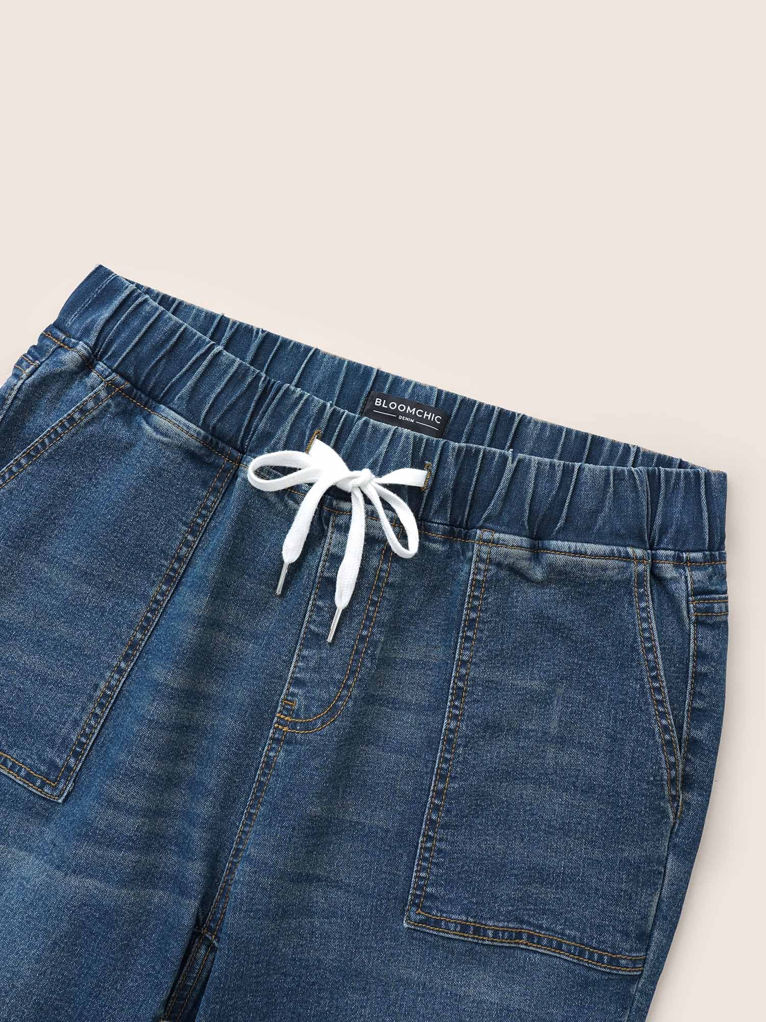 Pull-On Drawstring Folded Hem Boyfriend Jeans