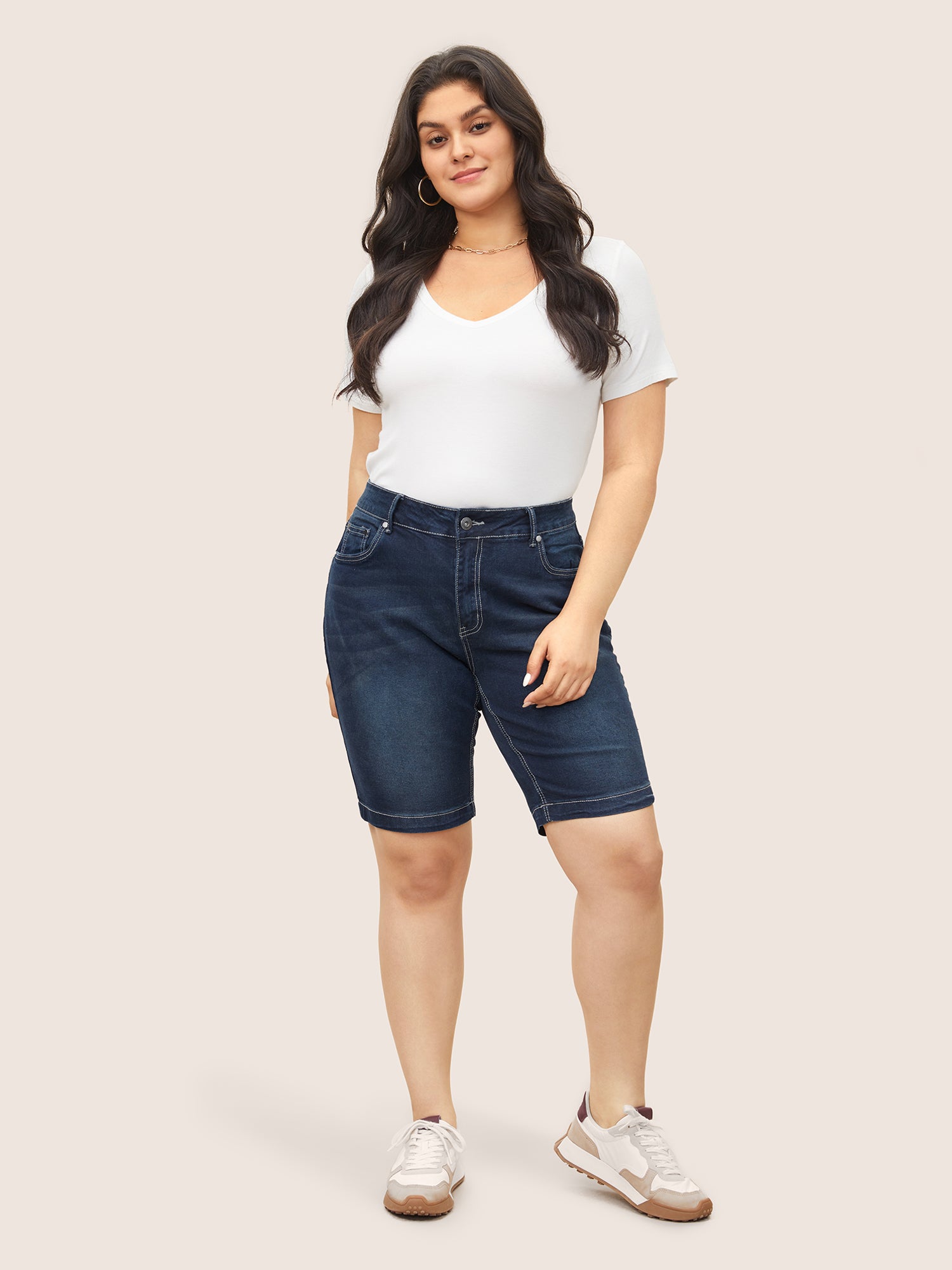 High Rise Knee-Length Skinny-Fit Denim Shorts