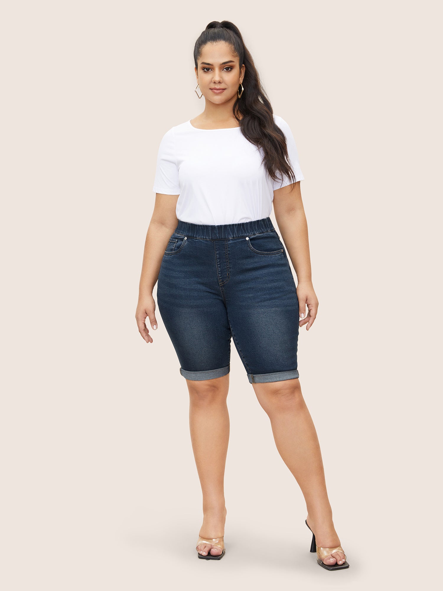 Pull-On Folded Hem Knee-Length Denim Shorts