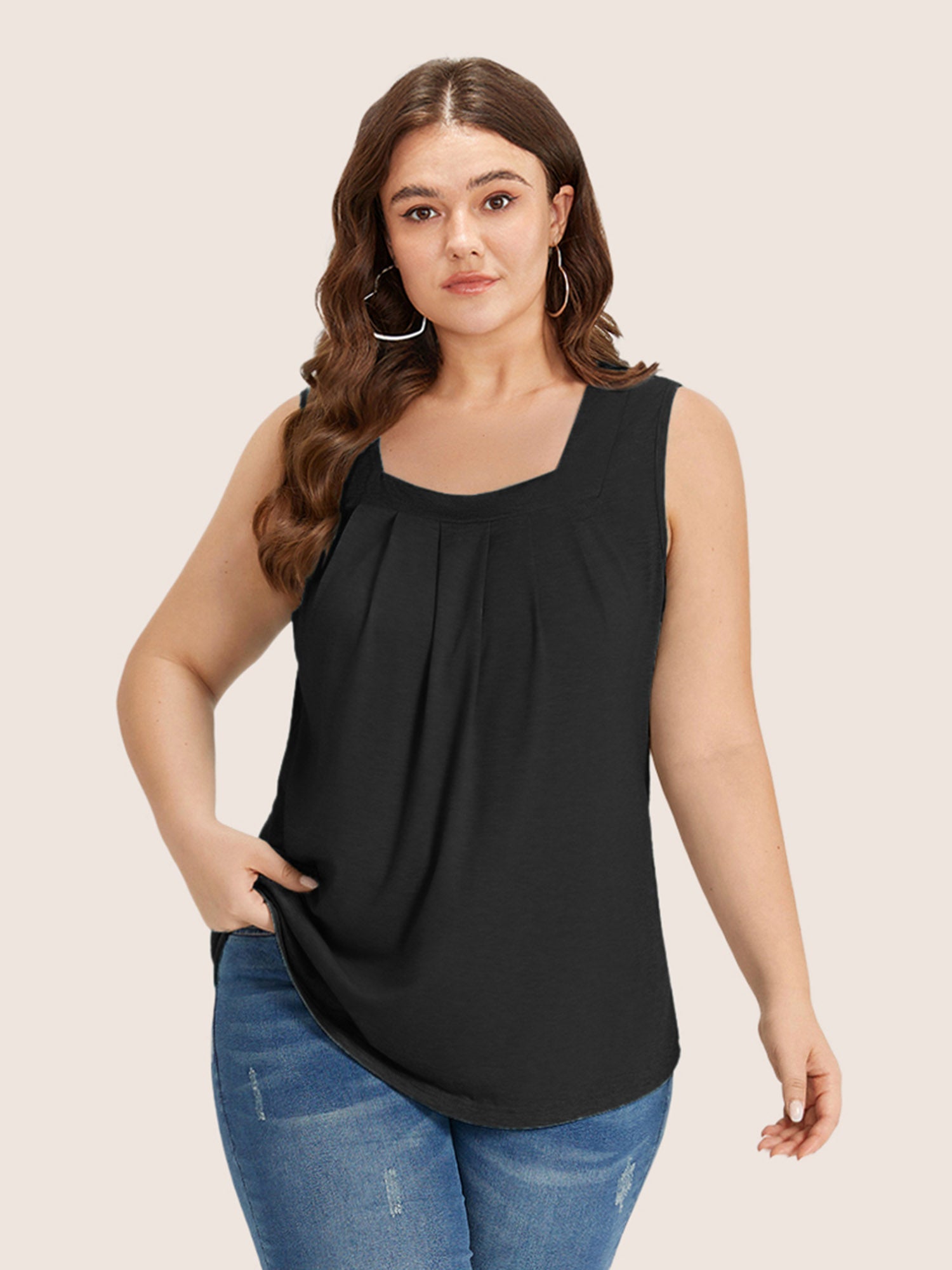 Heather Plicated Detail Square Neck Tank Top