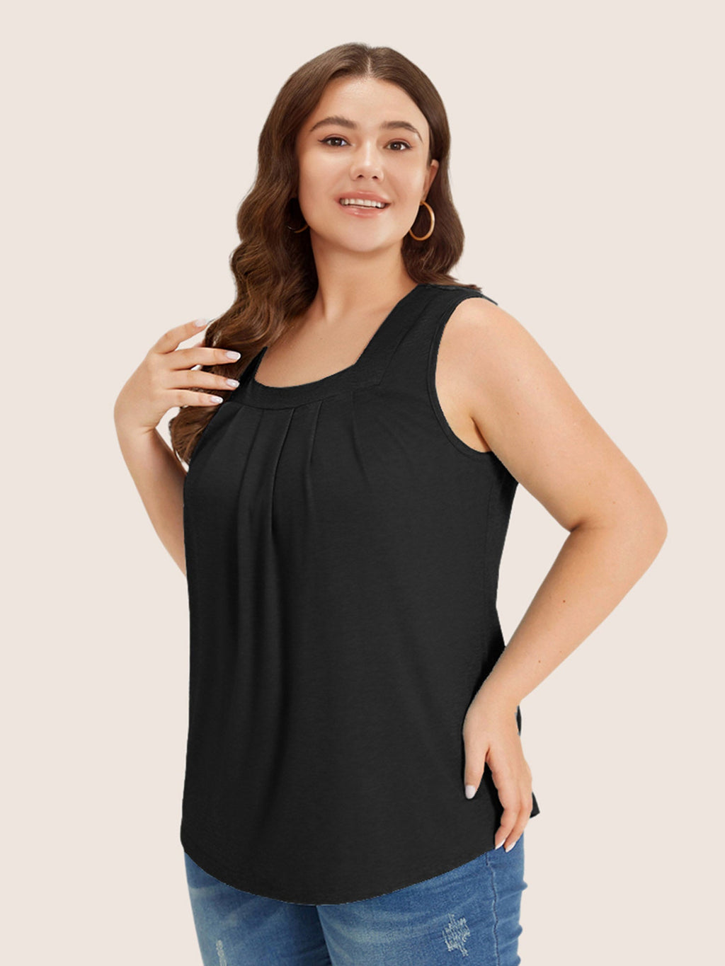 Heather Plicated Detail Square Neck Tank Top