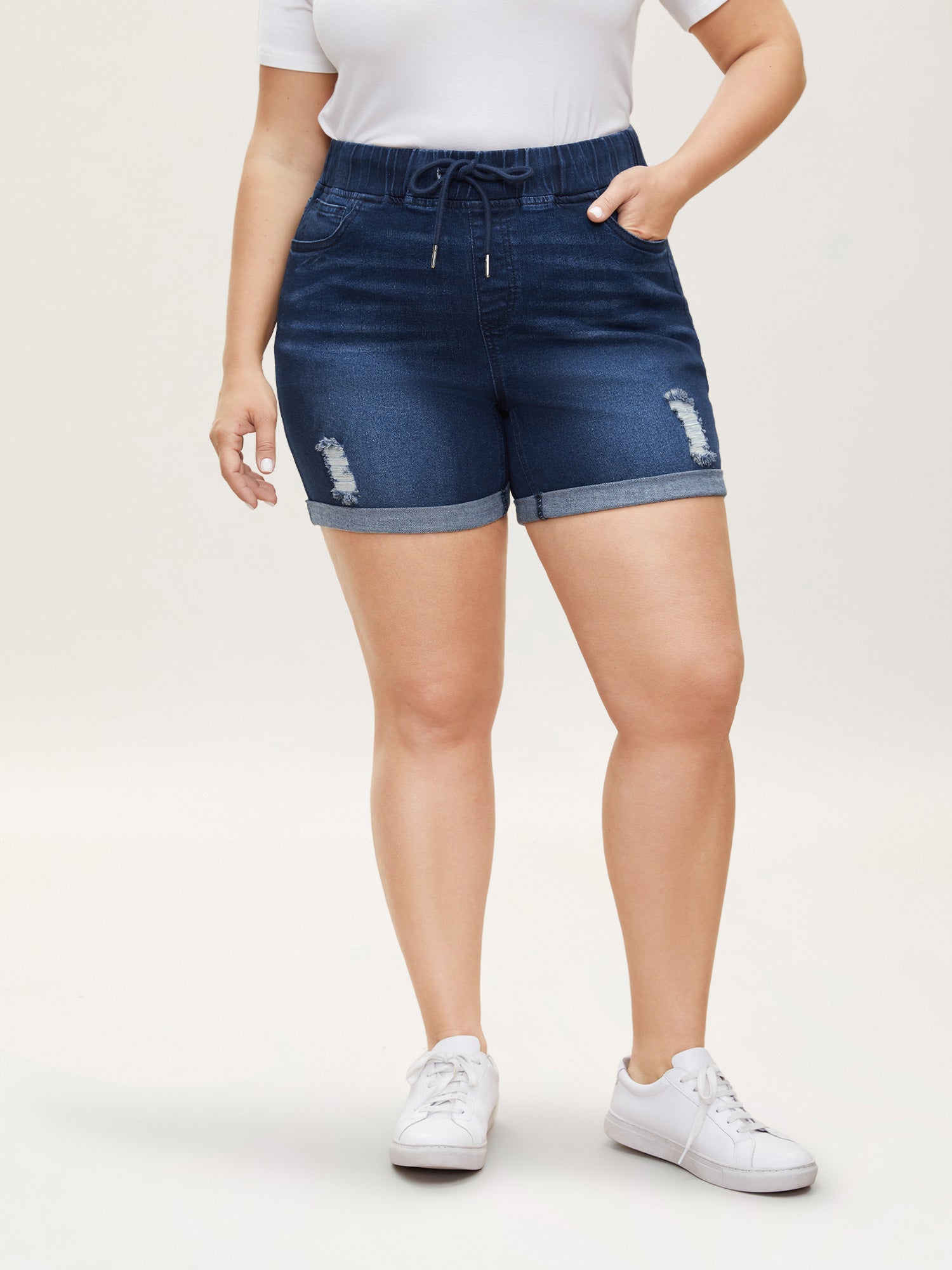 Pull-On Drawstring Elastic Waist Denim Shorts