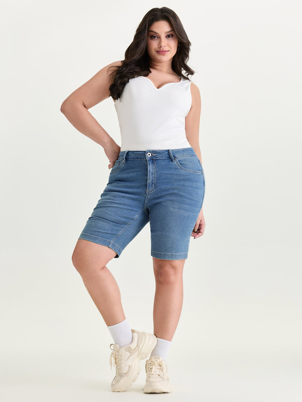 High Rise Knee-Length Skinny-Fit Denim Shorts