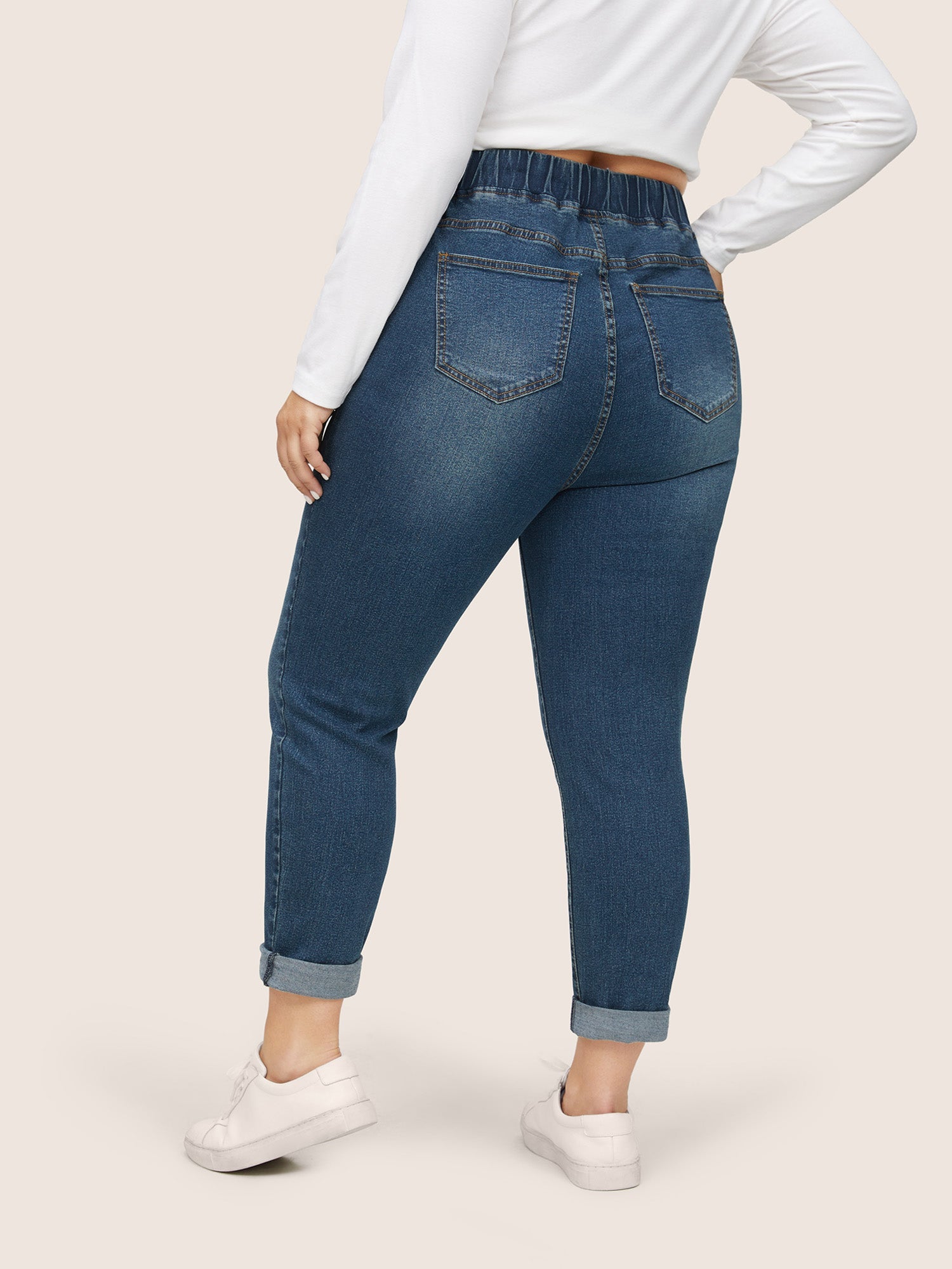Pull-On Drawstring Folded Hem Boyfriend Jeans
