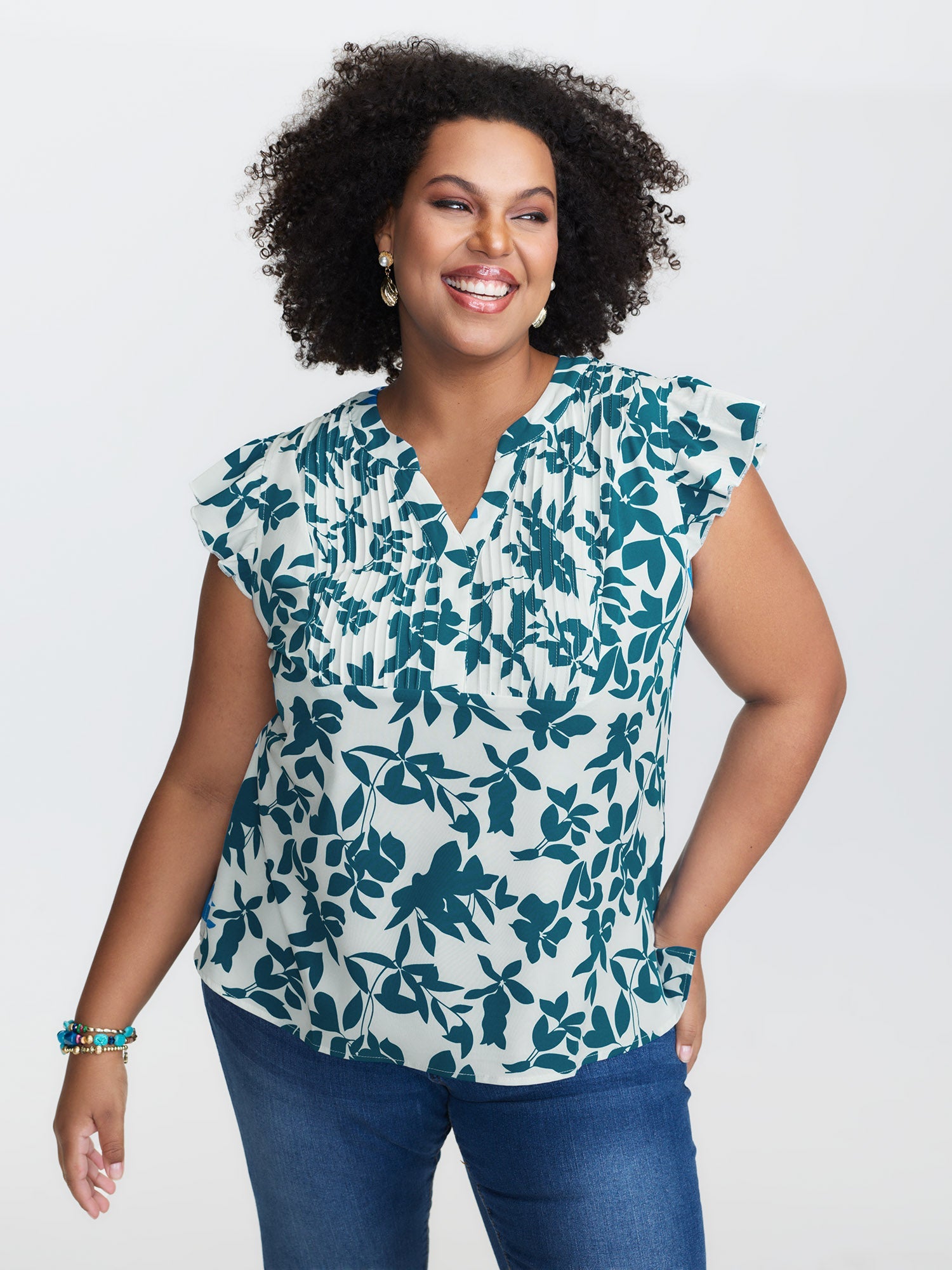 Silhouette Floral Print Notched Collar Pleated Blouse