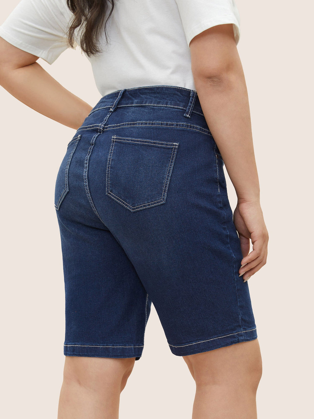 High Rise Knee-Length Skinny-Fit Denim Shorts