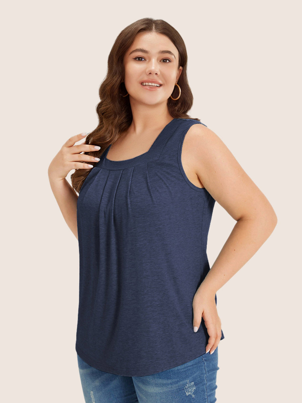 Heather Plicated Detail Square Neck Tank Top