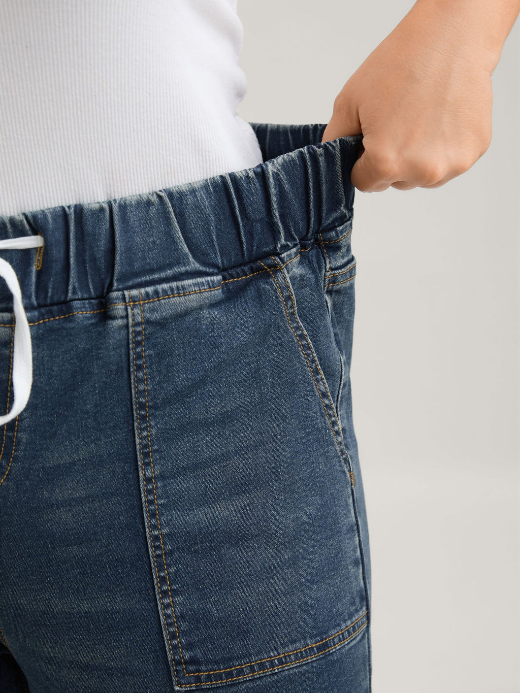 Pull-On Drawstring Folded Hem Boyfriend Jeans