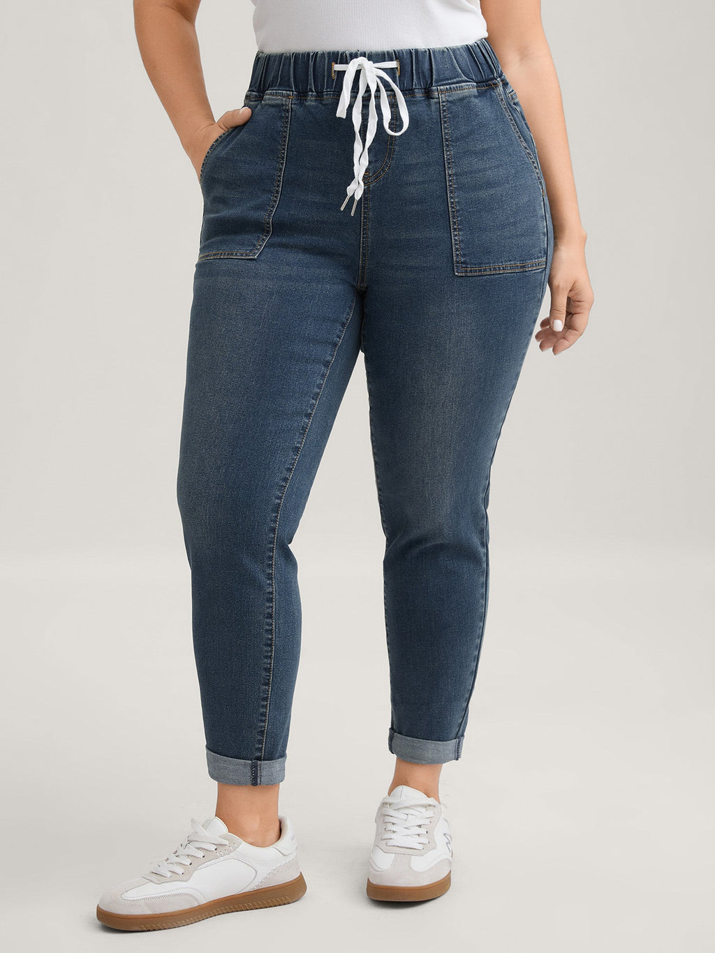Pull-On Drawstring Folded Hem Boyfriend Jeans