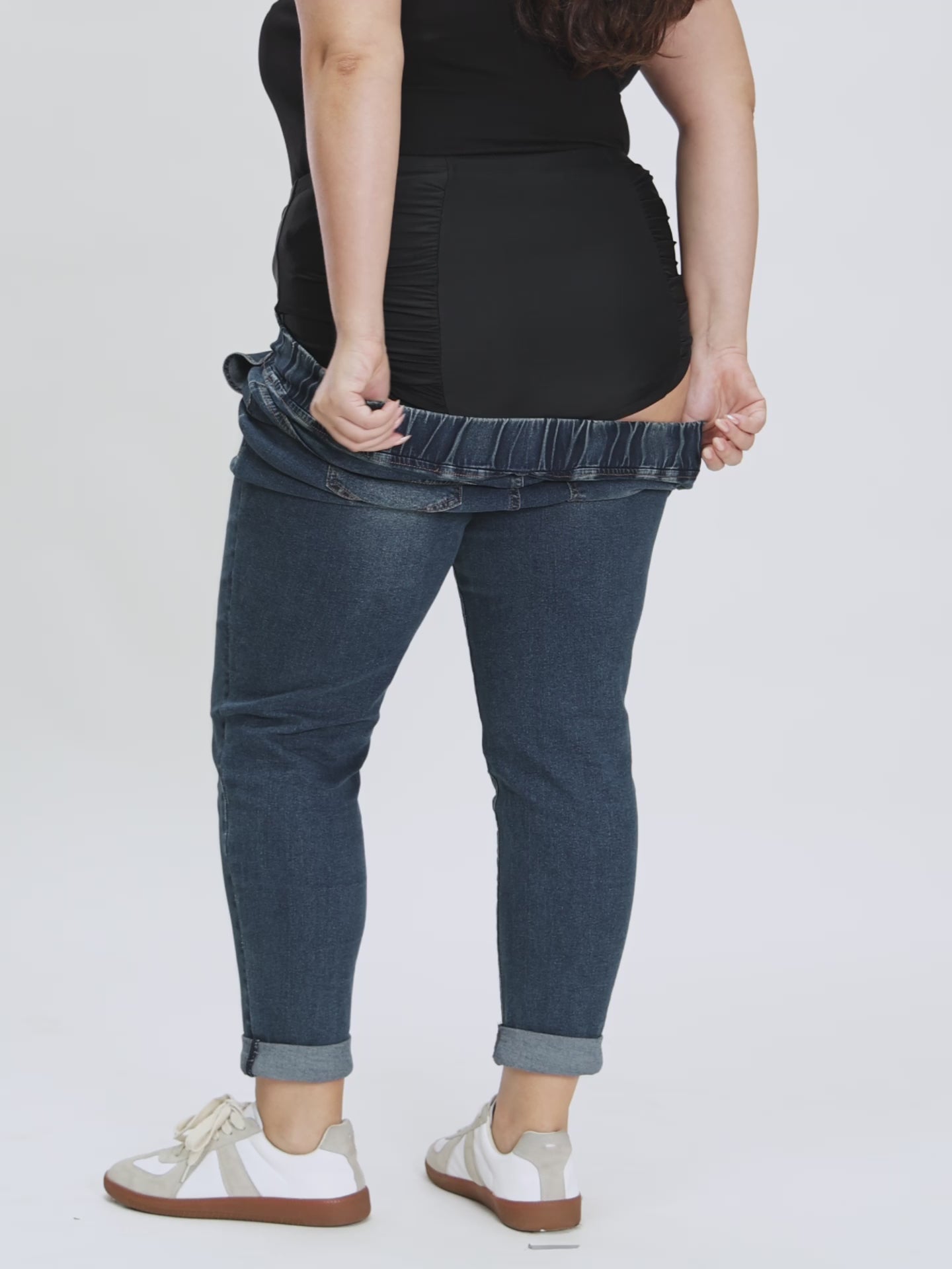 Pull-On Drawstring Folded Hem Boyfriend Jeans