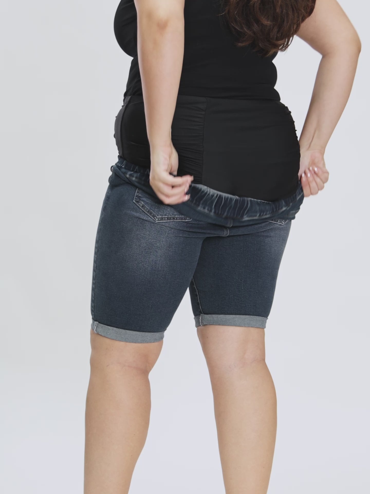 Pull-On Folded Hem Knee-Length Denim Shorts